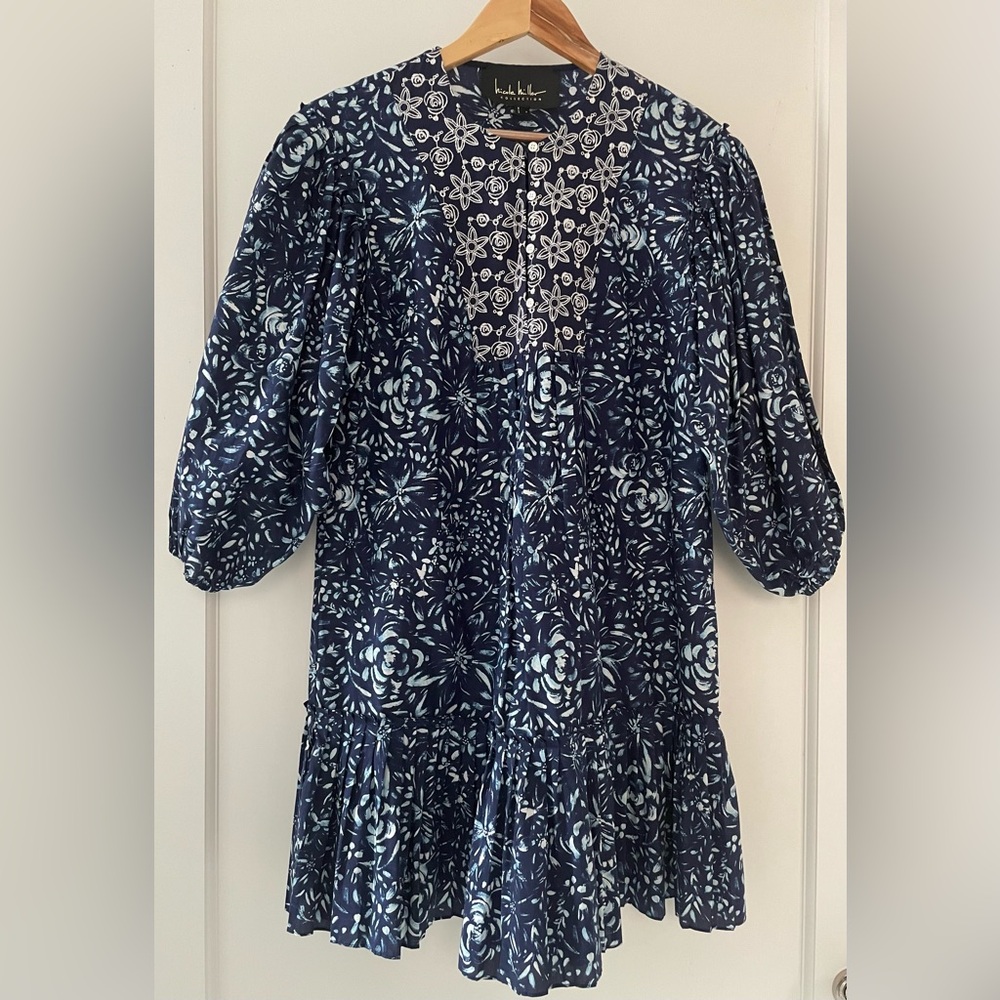 Nicole Miller Collection Cotton/Silk Embroidered Flowy Dress Navy/White Size XS